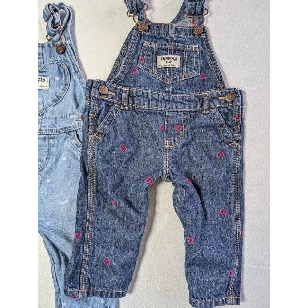 2‎ Set Oshkosh B'Gosh Bib Overalls Baby Infant Size 6 Months Hearts Embroidered